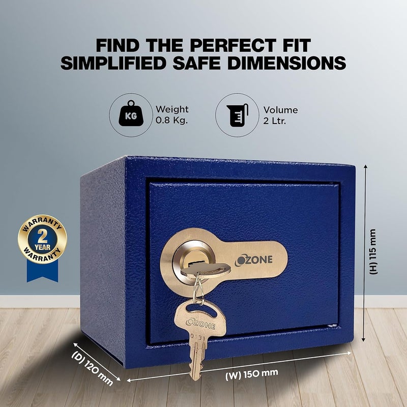 Ozone Ozone 2 Litres Manual Safe Locker for Home Office Manual Lock 1Way Unlocking Mechanical Key Size 115H x 150W x 120D mm Weight 08kg 2Year Warranty Blue  - Image 3