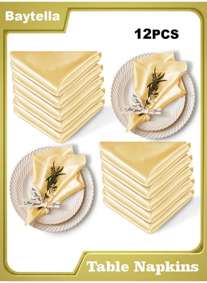 12 PCS SATIN CLOTH NAPKINS 43X43CM  REUSABLE WASHABLE DINNER NAPKINS, ELEGANT SILK-LIKE TABLE NAPKINS FOR WEDDINGS, RESTAURANTS, PARTIES & BANQUETS, CHAMPAGNE