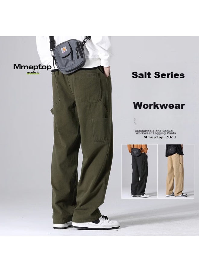 Mmoptop Style Cargo Pants For Men, Autumn And Winter Loose-fit Pure Cotton Vintage Logging Straight-leg Casual Pants 8335 Army Green 2XL - Image 1