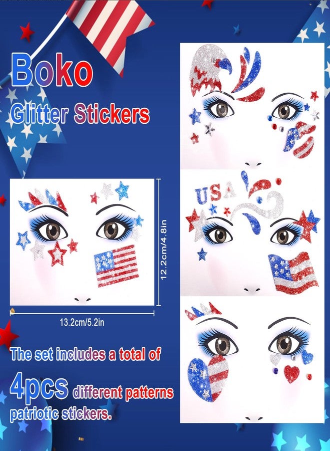 Boko 4th of July Face Stickers, 4Pcs Red White Blue Independence Day Temporary Tattoos for Patriotic Glitter Makeup, Self Adhesive Art Sticker Face Tattoos for Memorial Day Veterans Day Flag Party - Image 5
