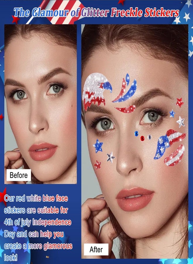 Boko 4th of July Face Stickers, 4Pcs Red White Blue Independence Day Temporary Tattoos for Patriotic Glitter Makeup, Self Adhesive Art Sticker Face Tattoos for Memorial Day Veterans Day Flag Party - Image 4