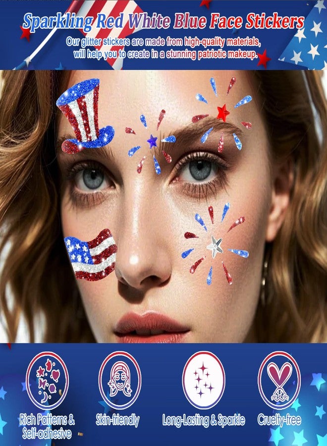 Boko 4th of July Face Stickers, 4Pcs Red White Blue Independence Day Temporary Tattoos for Patriotic Glitter Makeup, Self Adhesive Art Sticker Face Tattoos for Memorial Day Veterans Day Flag Party - Image 3