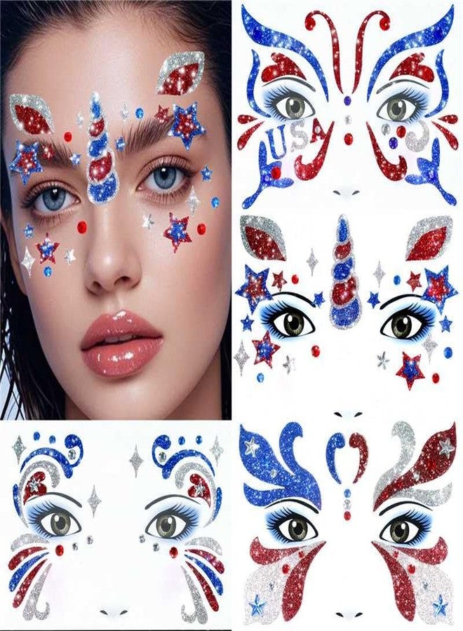 Boko 4th of July Face Stickers, 4Pcs Red White Blue Independence Day Temporary Tattoos for Patriotic Glitter Makeup, Self Adhesive Art Sticker Face Tattoos for Memorial Day Veterans Day Flag Party - Image 1