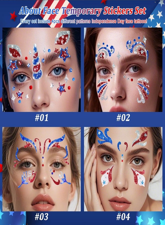 Boko 4th of July Face Stickers, 4Pcs Red White Blue Independence Day Temporary Tattoos for Patriotic Glitter Makeup, Self Adhesive Art Sticker Face Tattoos for Memorial Day Veterans Day Flag Party - Image 2