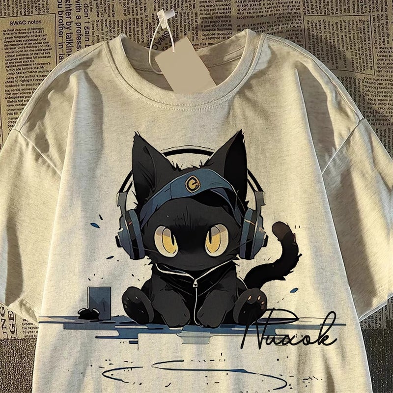American Retro E-Sports Cat Pure Cotton Short-Sleeved T-Shirt Women's Summer New Loose Round Neck Oversize Top Trendy - Image 4