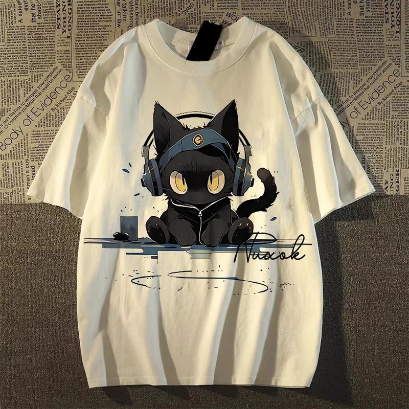 American Retro E-Sports Cat Pure Cotton Short-Sleeved T-Shirt Women's Summer New Loose Round Neck Oversize Top Trendy - Image 3