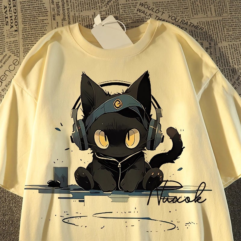 American Retro E-Sports Cat Pure Cotton Short-Sleeved T-Shirt Women's Summer New Loose Round Neck Oversize Top Trendy - Image 5