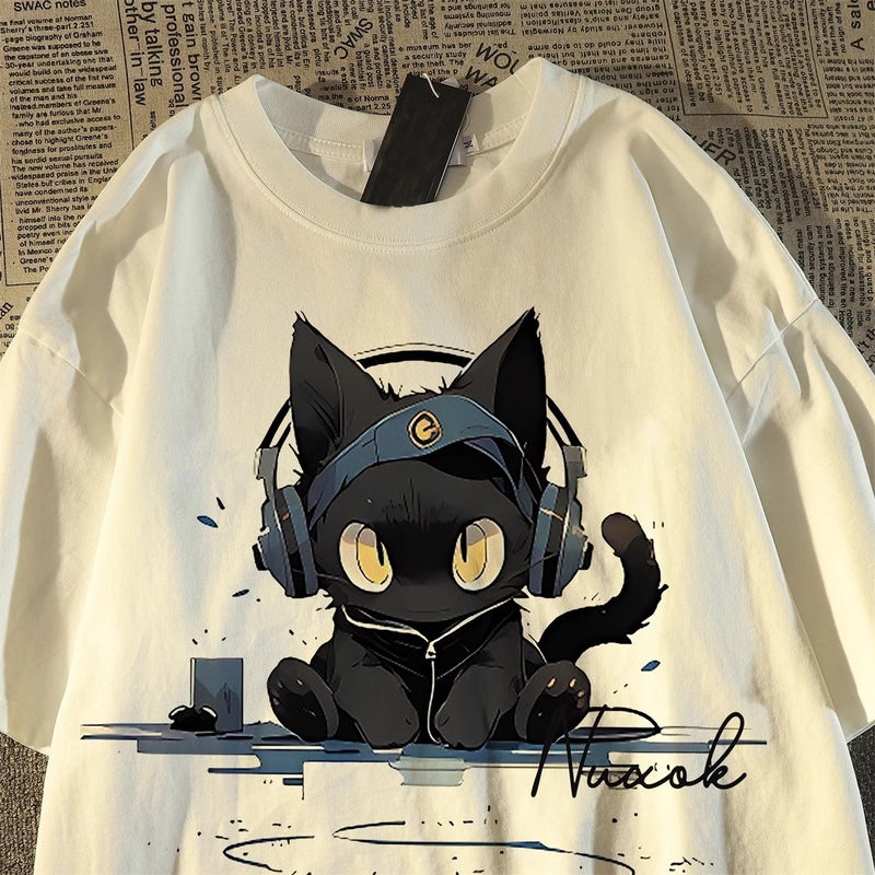 American Retro E-Sports Cat Pure Cotton Short-Sleeved T-Shirt Women's Summer New Loose Round Neck Oversize Top Trendy - Image 2
