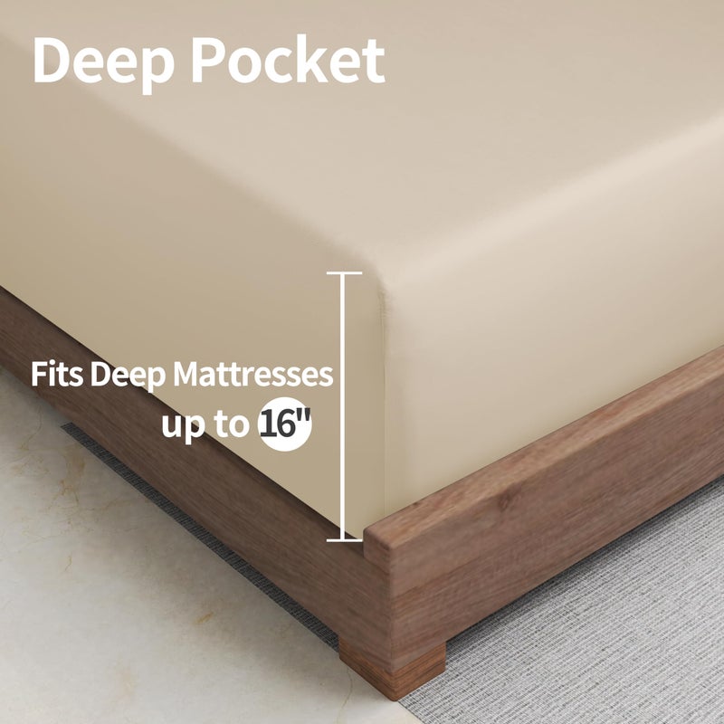 Zaizaihome Bamboo Viscose Cooling Fitted Sheet Queen Size Only  400 Thread Count  16"" Deep Pocket Cooling Bottom Sheets for Hot Sleeper  Silky Soft Breathable (Queen  Beige  - Image 5