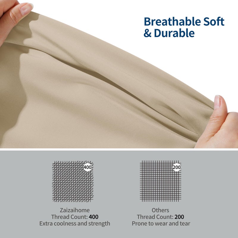 Zaizaihome Bamboo Viscose Cooling Fitted Sheet Queen Size Only  400 Thread Count  16"" Deep Pocket Cooling Bottom Sheets for Hot Sleeper  Silky Soft Breathable (Queen  Beige  - Image 3