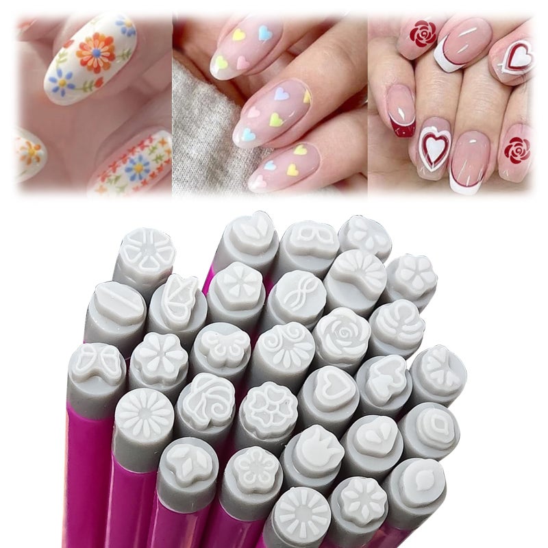 ESUOHYM Nail Art Stamp Pen Set Butterfly Flower Nail Stamper Pen 3s Quick Nail Art Tools with Different Patterns, For Beginner DIY Salon Manicure (Rose Red, Large Pack) - Image 1