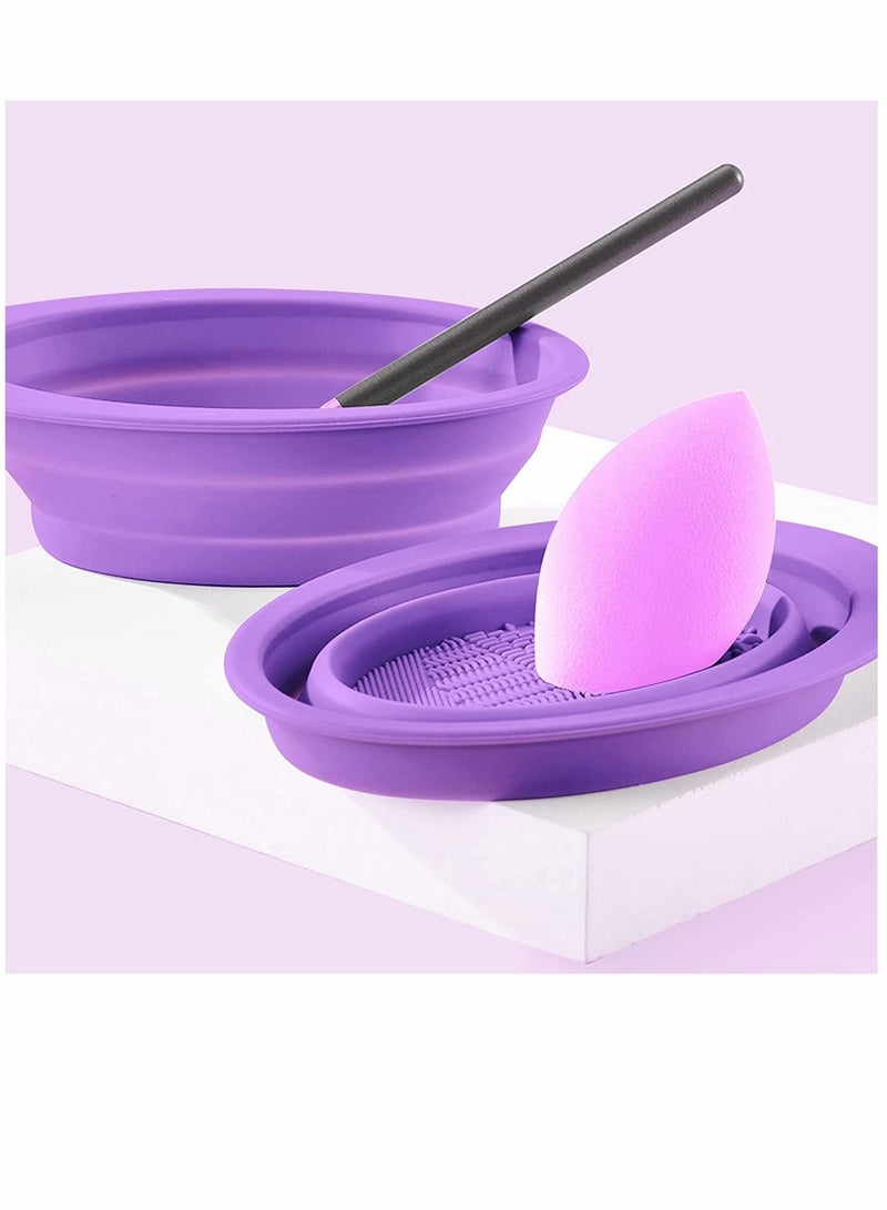 SYOSI Silicone Makeup Brush Cleaning Mat, Cosmetic Brush Cleaner, Brush Cleaning Pad, Foldable Makeup Brush Cleaning Bowl, Suitable for Makeup Brush, Makeup Sponge, Powder Puff (2 Pcs Purple) - Image 4