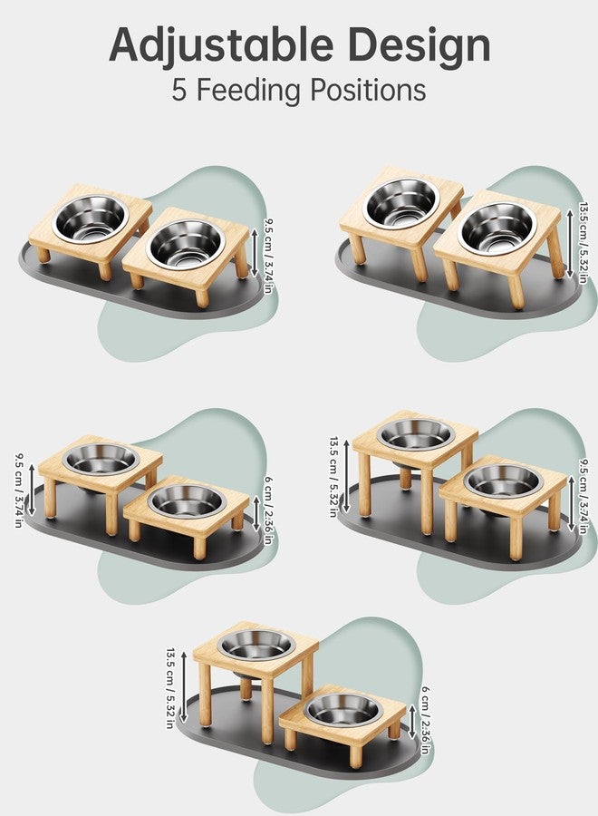 NiHome Elevated Cat Bowls with Food Mat for Indoor Cats, 5 Feeding Positions Raised Cat Bowl Bamboo Stand with 2 Stainless Steel Bowls, Whisker Friendly Dishwasher Safe Pet Food and Water Bowl - Image 2