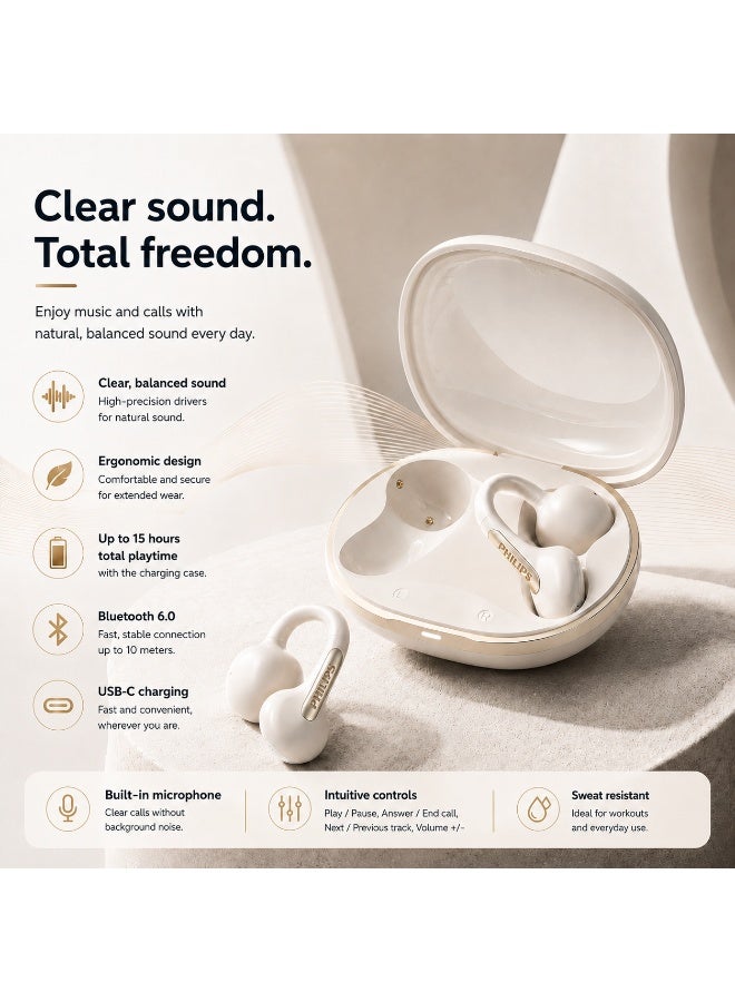 Philips TAQ2520, Earphone,True Open Ear Headphones,True Wireless Earbuds,Long Playtime, IP54 Water and Dust Proof with ANC,AI Call Noise Reduction,3D Surround Sound,Sterling Sound, Secure Fit and Comfort, For Sports, Work, White White - Image 2