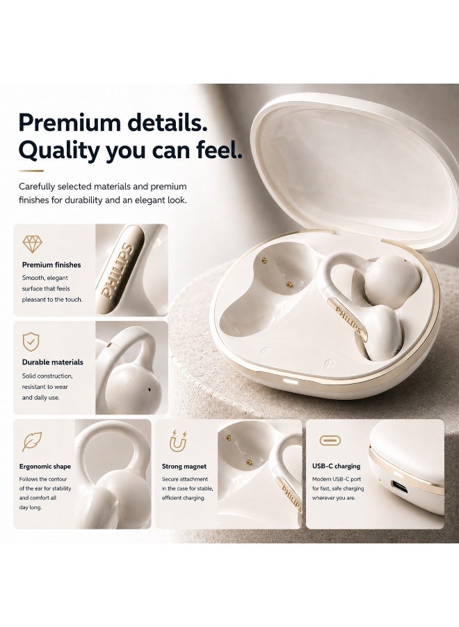 Philips TAQ2520, Earphone,True Open Ear Headphones,True Wireless Earbuds,Long Playtime, IP54 Water and Dust Proof with ANC,AI Call Noise Reduction,3D Surround Sound,Sterling Sound, Secure Fit and Comfort, For Sports, Work, White White - Image 4
