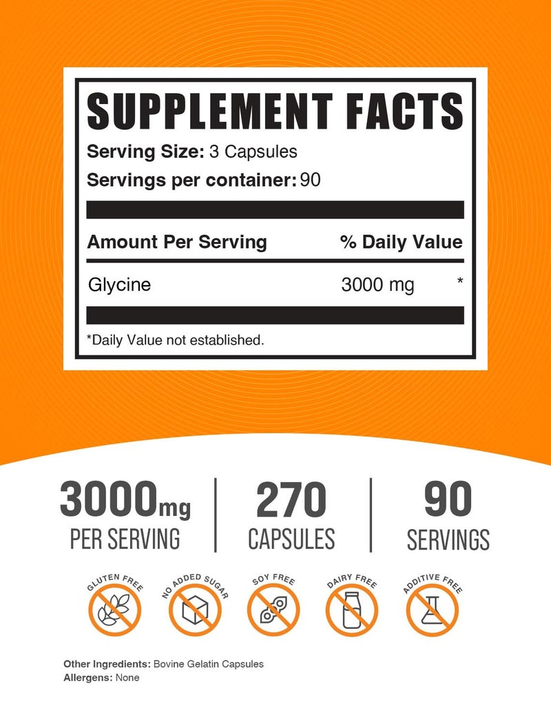 BulkSupplements.com Glycine Capsules - Glycine Supplements, Glycine 3000mg - Amino Acid Supplement, Gluten Free, 3 Capsules per Serving, 270 Capsules (Pack of 1) - Image 2