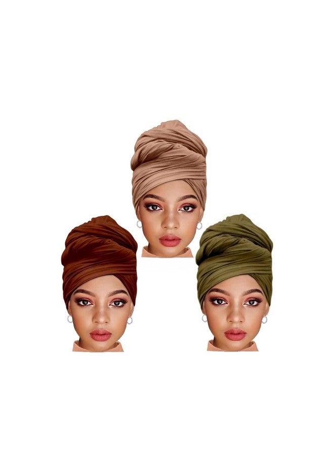 Generic Karam 3Pcs Head Wraps For Women Turban Stretchy Premium Jersey Headband For African Hair Locs Braids And Muslim Hijab Scarf (Camel Brown Army Green) - Image 1