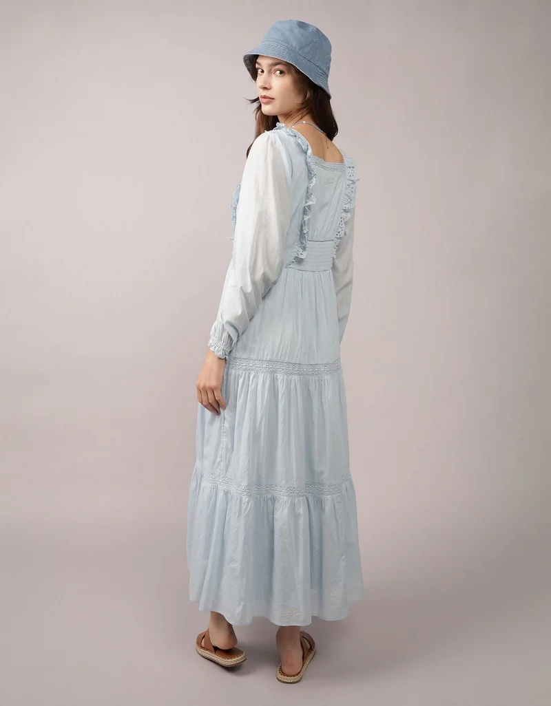 American Eagle AE Long-Sleeve Tiered Embroidered Midi Dress