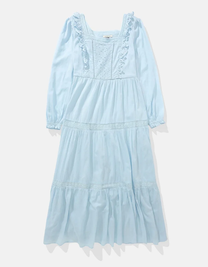 American Eagle  AE Long-Sleeve Tiered Embroidered Midi Dress for Women | Best Price UAE