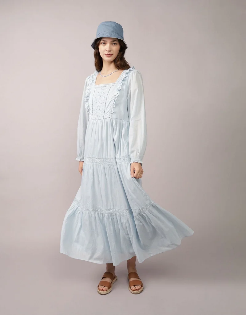 American Eagle AE Long-Sleeve Tiered Embroidered Midi Dress