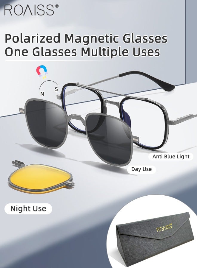 roaiss 3-in-1 Magnetic Polarized Foldable Clip-On Sunglasses Set, Blue Light Blocking Glasses with Magnetic Polarized Lens and Magnetic Night Vision Lens, Versatile Driving Eyewear for Men - Image 1
