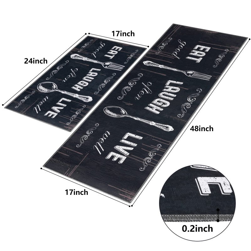 Carvapet 2 Pieces Kitchen Rug Set Non-Slip Backing Mat Throw for Kitchen Doormat Runner, Motto Design, Blackish/Dark Grey (17"x48"+17"x24") - Image 5