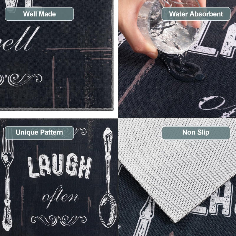 Carvapet 2 Pieces Kitchen Rug Set Non-Slip Backing Mat Throw for Kitchen Doormat Runner, Motto Design, Blackish/Dark Grey (17"x48"+17"x24") - Image 4