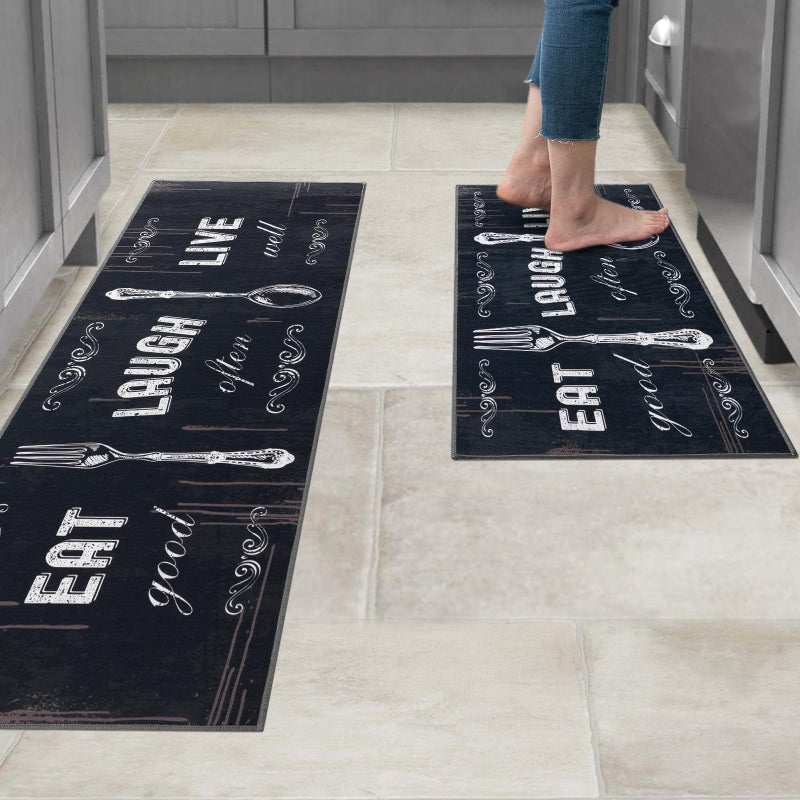Carvapet 2 Pieces Kitchen Rug Set Non-Slip Backing Mat Throw for Kitchen Doormat Runner, Motto Design, Blackish/Dark Grey (17"x48"+17"x24") - Image 2