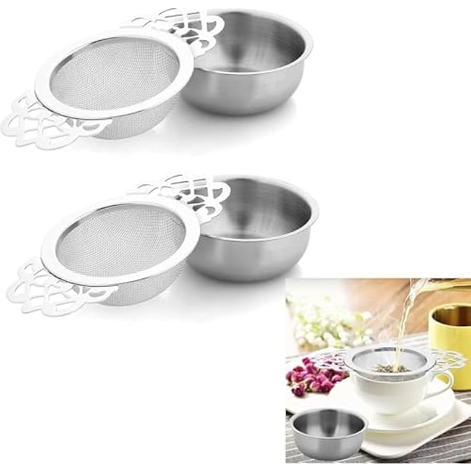أكس سبرينج مصافي الشاي، قطعتان من الفولاذ المقاوم للصدأ مع وعاء، فلتر شاي سائب ممتاز لأوراق الشاي والأعشاب، أداة مطبخ متينة لعشاق الشاي - Image 1