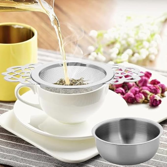 أكس سبرينج مصافي الشاي، قطعتان من الفولاذ المقاوم للصدأ مع وعاء، فلتر شاي سائب ممتاز لأوراق الشاي والأعشاب، أداة مطبخ متينة لعشاق الشاي - Image 2