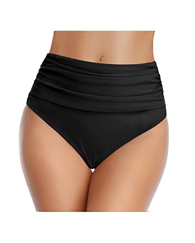 Tempt Me Women's Black High Waisted Bikini Bottom Tummy Control Ruched Bathing Suit Swim Bottom L - Image 4