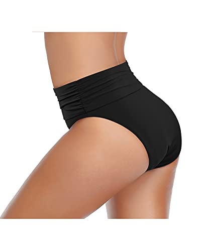 Tempt Me Women's Black High Waisted Bikini Bottom Tummy Control Ruched Bathing Suit Swim Bottom L - Image 5