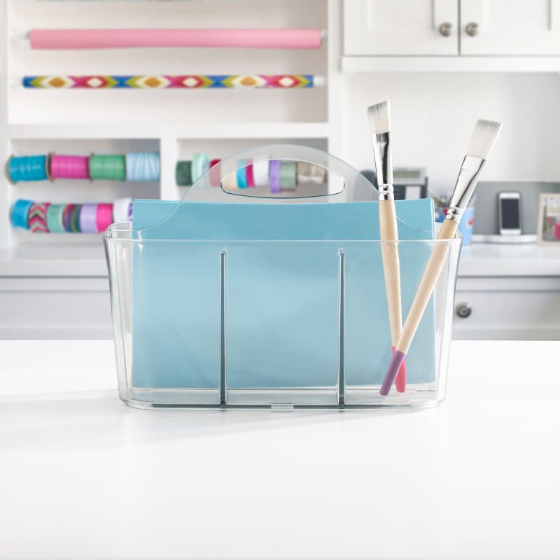 mDesign Plastic Portable Craft Storage Organizer Caddy Tote, Divided Basket Bin w/Handle - Craft, Sewing, Art Supplies - Holds Brushes, Colored Pencils - Lumiere Collection - Clear, 2 Pack - Image 3