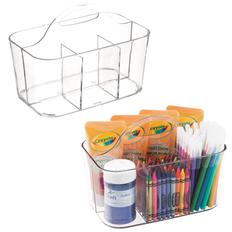 mDesign Plastic Portable Craft Storage Organizer Caddy Tote, Divided Basket Bin w/Handle - Craft, Sewing, Art Supplies - Holds Brushes, Colored Pencils - Lumiere Collection - Clear, 2 Pack - Image 1