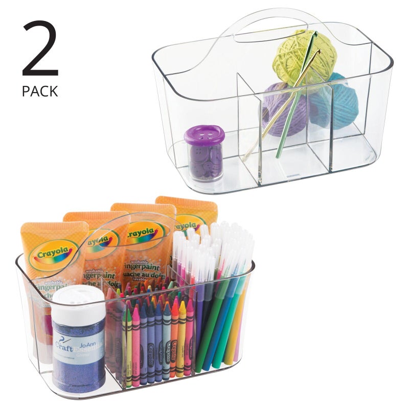 mDesign Plastic Portable Craft Storage Organizer Caddy Tote, Divided Basket Bin w/Handle - Craft, Sewing, Art Supplies - Holds Brushes, Colored Pencils - Lumiere Collection - Clear, 2 Pack - Image 2