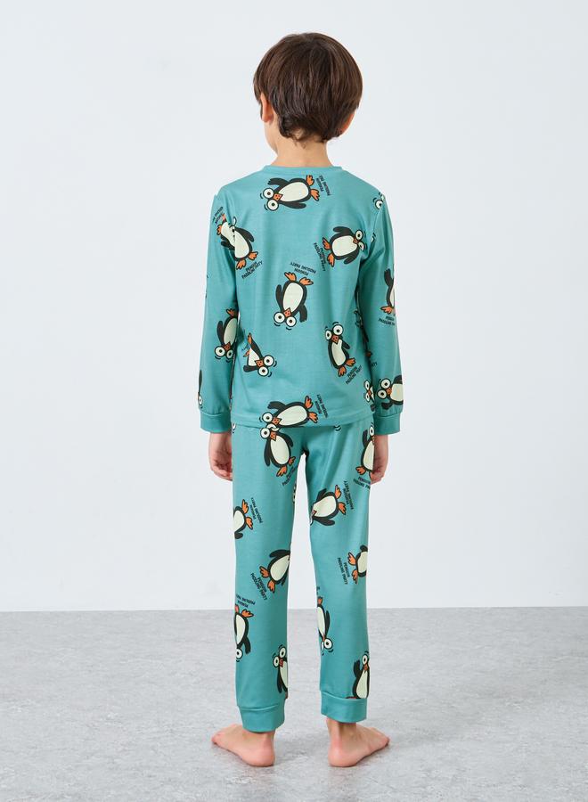 Styli Green Penguin Print Long Sleeve T-Shirt and Pyjama Set - Image 4
