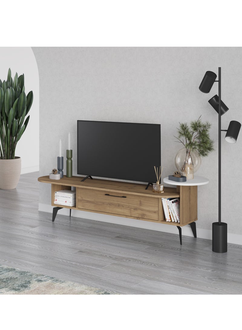 موراه خزانة تلفزيون "أدا" من موراه هوم، حتى 60 بوصة، خزانة تخزين خشبية بباب واحد ورفّين، وحدات تلفزيون لغرفة المعيشة | 188×40×42.6 سم | بني-أبيض - Image 1