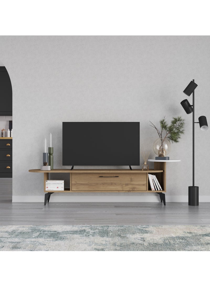 موراه خزانة تلفزيون "أدا" من موراه هوم، حتى 60 بوصة، خزانة تخزين خشبية بباب واحد ورفّين، وحدات تلفزيون لغرفة المعيشة | 188×40×42.6 سم | بني-أبيض - Image 2