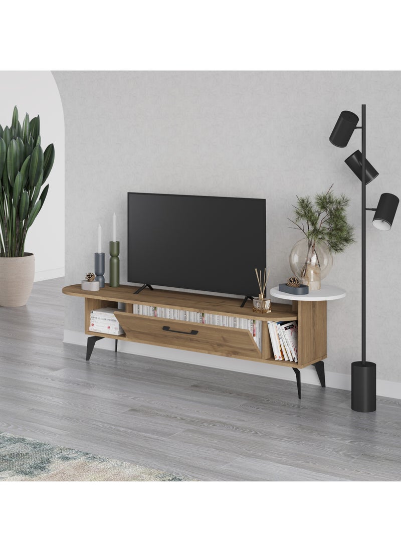 موراه خزانة تلفزيون "أدا" من موراه هوم، حتى 60 بوصة، خزانة تخزين خشبية بباب واحد ورفّين، وحدات تلفزيون لغرفة المعيشة | 188×40×42.6 سم | بني-أبيض - Image 3