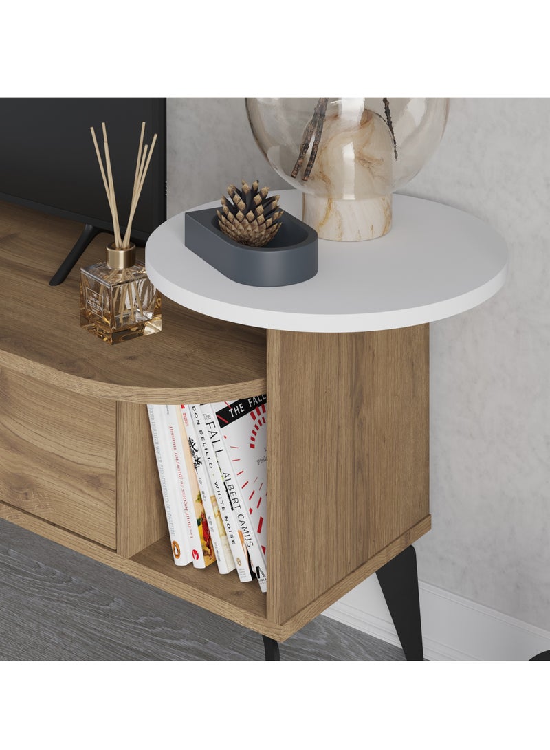 موراه خزانة تلفزيون "أدا" من موراه هوم، حتى 60 بوصة، خزانة تخزين خشبية بباب واحد ورفّين، وحدات تلفزيون لغرفة المعيشة | 188×40×42.6 سم | بني-أبيض - Image 4