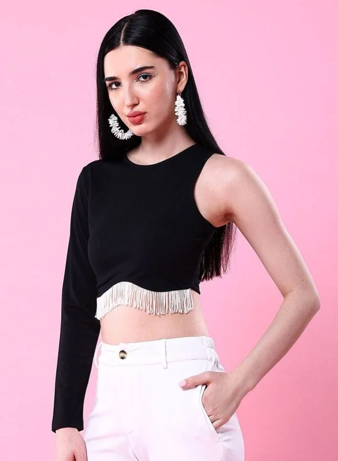 Women Regular Fit Solid Round Neck Long Sleeve Fitted Crop Top