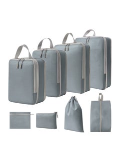 8-Piece Expandable Waterproof Compression Packing Cubes Set for Travel, Includes Shoe Bag and Laundry Bag - Essential Luggage Organizers for Suitcases (Grey)