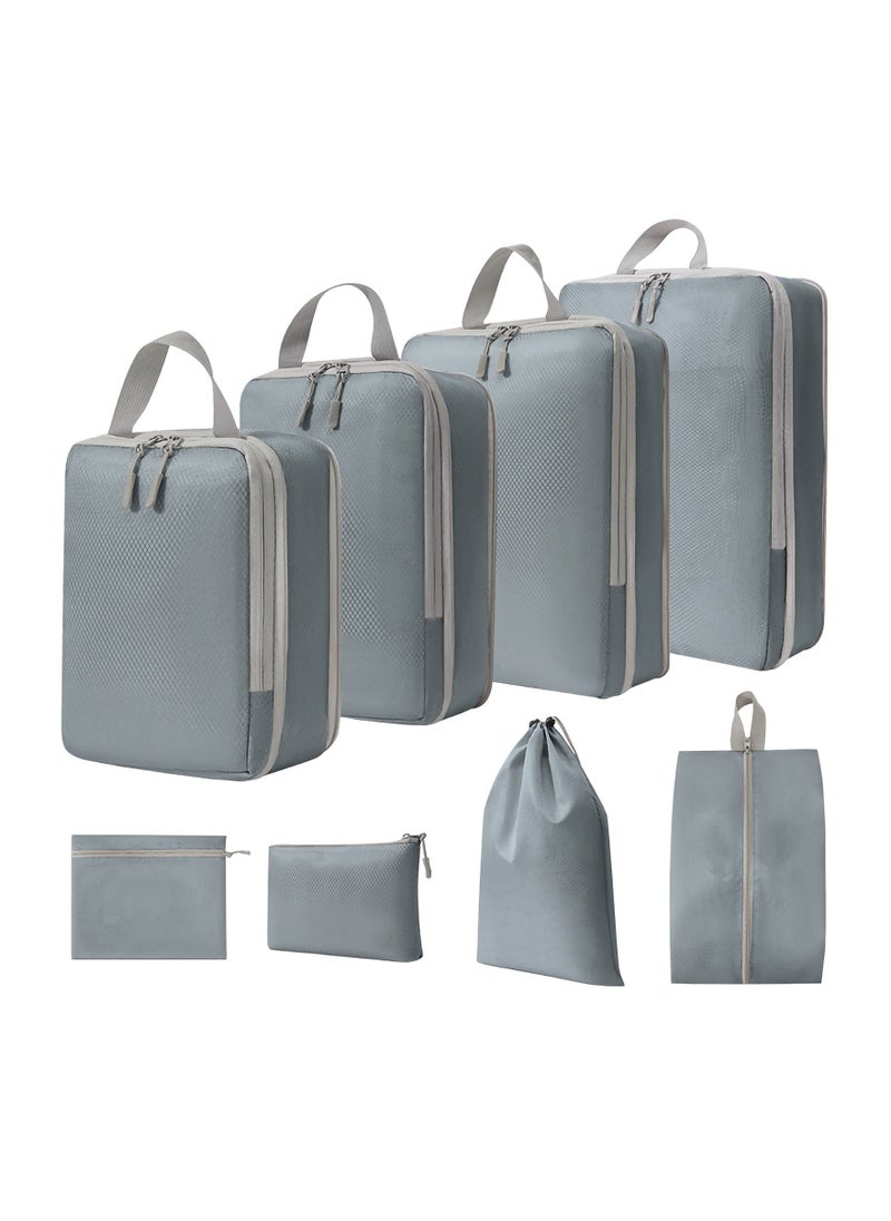 Generic - 8-Piece Expandable Waterproof Compression Packing Cubes Set for Travel, Includes Shoe Bag and Laundry Bag - Essential Luggage Organizers for Suitcases (Grey) - Image 1
