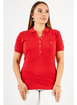 GEOGRAPHICAL NORWAY Women Spread Collar Short Sleeve Embroidered Polo Shirt, Red  - Image 1