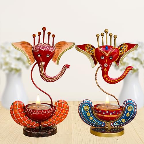 Vipron Iron T Light Ganesh Candle Holder for Home Decor Set of 2 (RED Blue) - Image 1