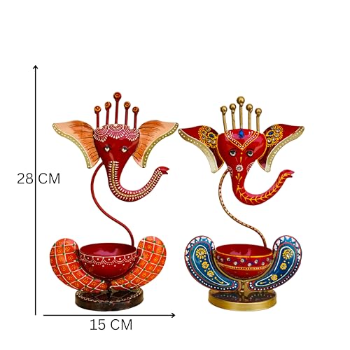 Vipron Iron T Light Ganesh Candle Holder for Home Decor Set of 2 (RED Blue) - Image 2