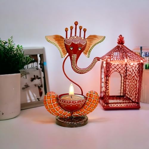 Vipron Iron T Light Ganesh Candle Holder for Home Decor Set of 2 (RED Blue) - Image 5