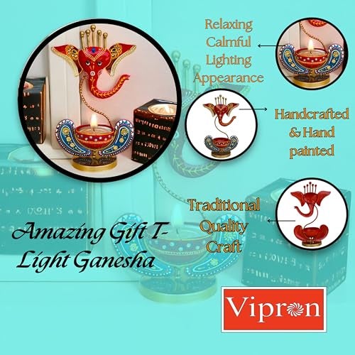 Vipron Iron T Light Ganesh Candle Holder for Home Decor Set of 2 (RED Blue) - Image 3