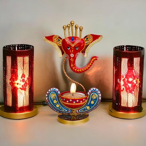 Vipron Iron T Light Ganesh Candle Holder for Home Decor Set of 2 (RED Blue) - Image 4