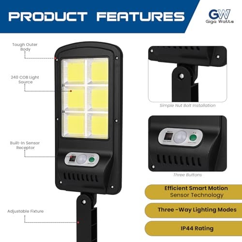 GIGAWATTS GW-610 Solar Street Light with 1200mAh Li-ion Battery 5.5V Panel & Remote 120 COB 3 Modes IP44 BIS Approved Security Motion Sensor Outdoor Lamp for Lawn Pathway (1Pc, White) - Image 2